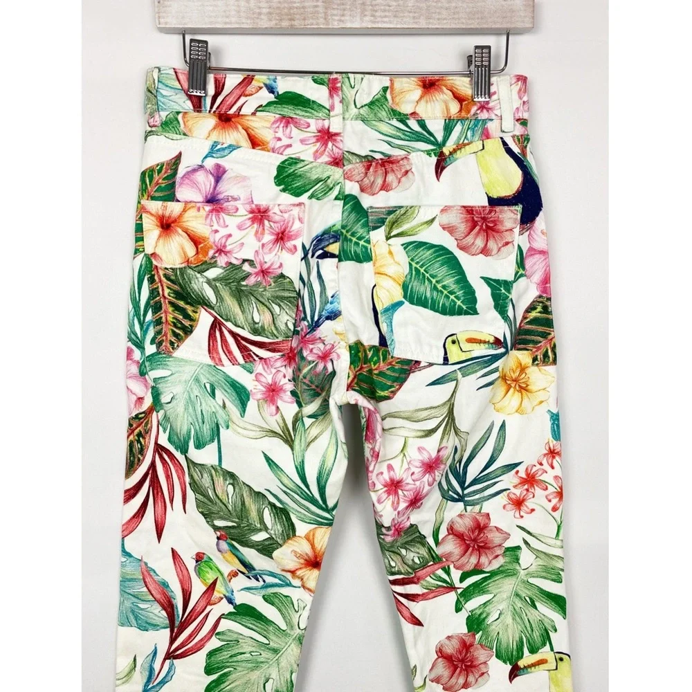 Zara Womens Pants 4 White Tropical Coastal Print Denim Straight Leg Crop Jeans - Picture 8 of 11